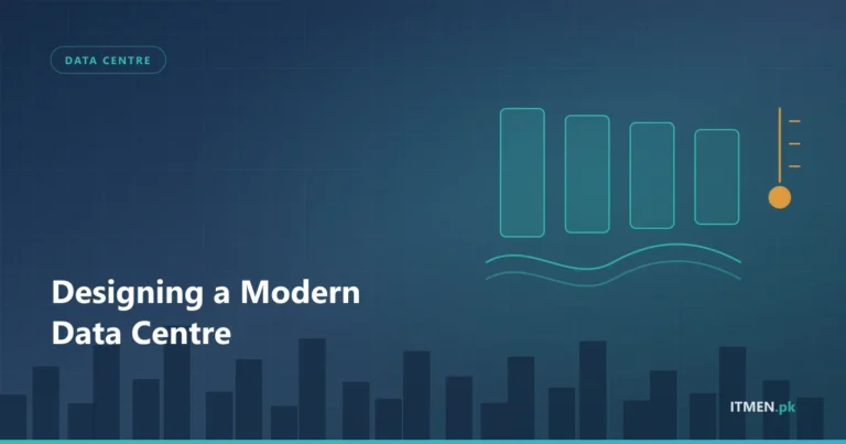 Data centre server aisles with cooling airflow and a temperature gauge