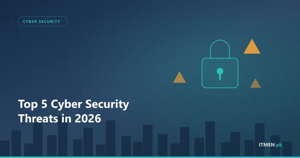 Padlock surrounded by warning symbols representing the top cyber security threats of 2026